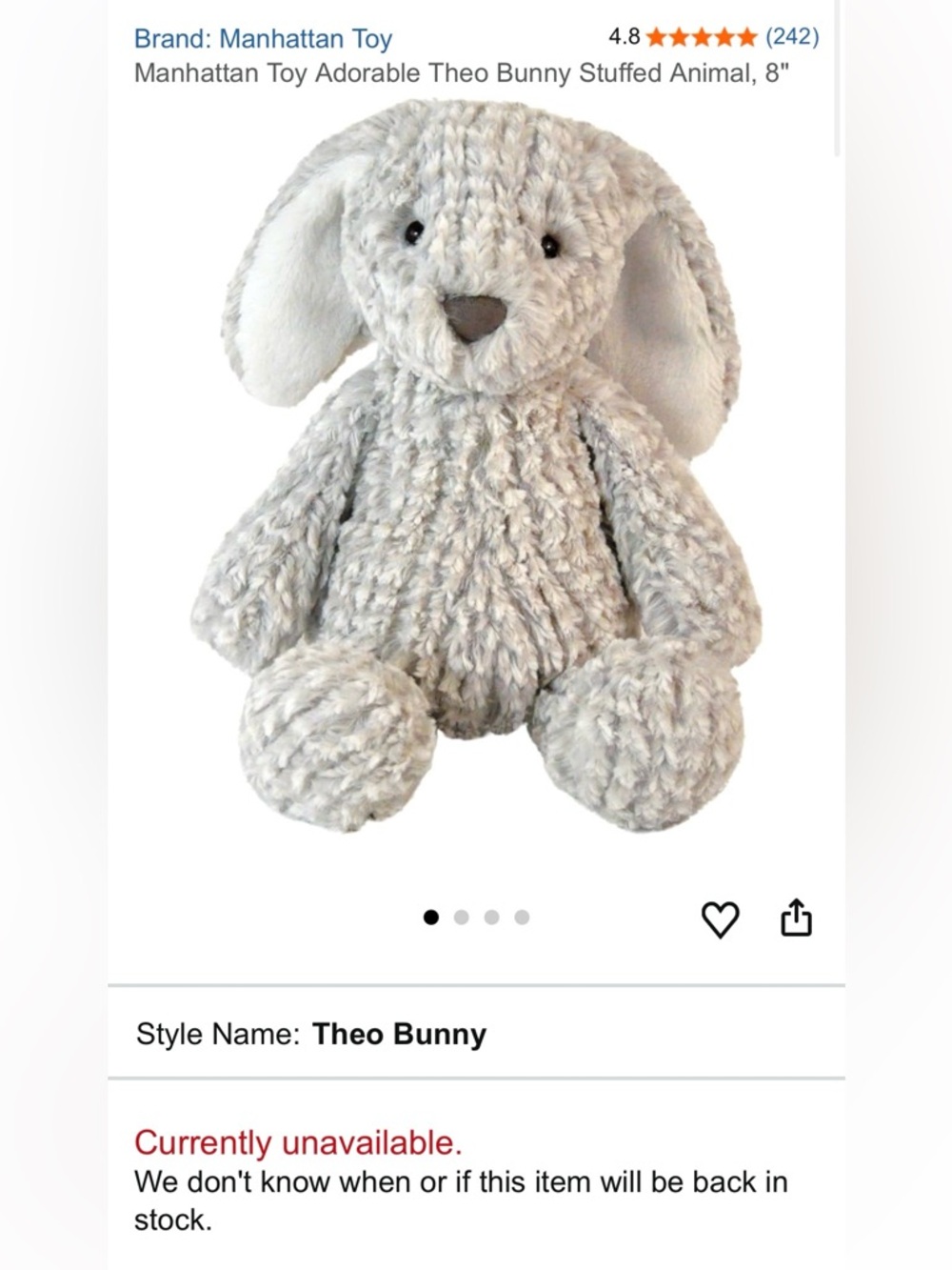 NWT Plush Grey Theo Bunny Stuffed Animal